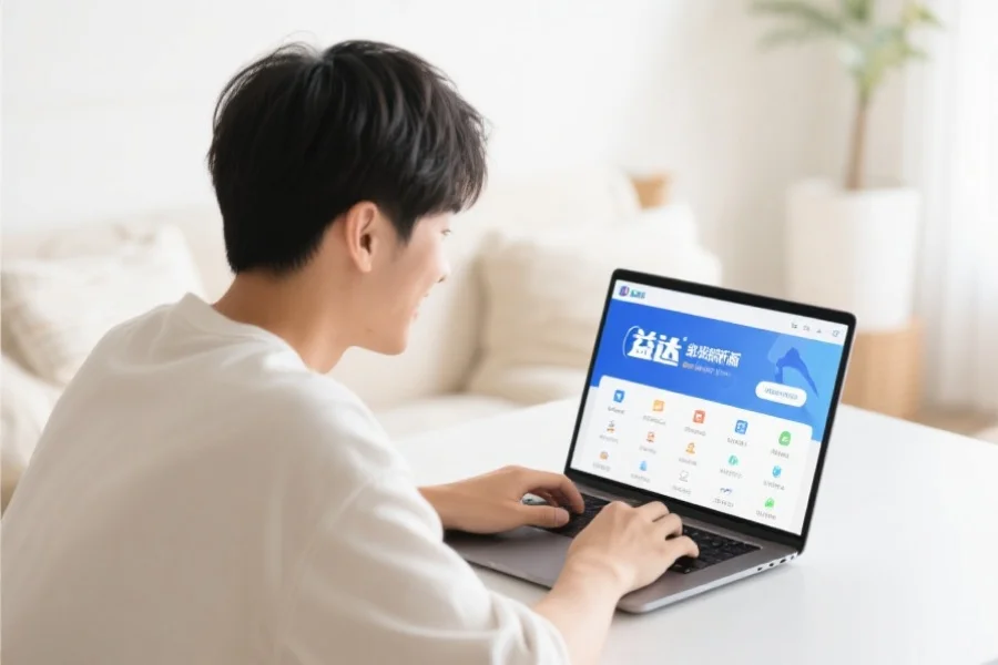 一位年轻用户在明亮舒适的室内环境中愉快地使用笔记本电脑，屏幕上展示蓝图客户端新版界面